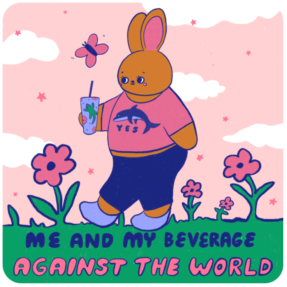 Gift shop bunny sticker with pastel sky me and my beverage against the world